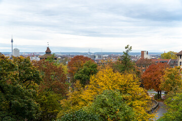 Aerial view of Nuremberg city in Germany. with colorful tree foliage.