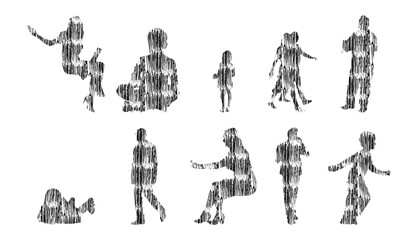 Fototapeta na wymiar Vector illustration, Outline silhouettes of people, Contour drawing, people silhouette, architecture sketch people , Silhouette of sitting people, Architectural set 