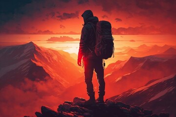 Man Standing Triumphantly on a Mountain Top with Backpack and Sunset in Background. Dramatic Red Sky, Orange Clouds, and Warm Hues, Generative Ai