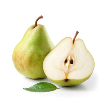 Fresh organic raw ripe pear and a pear cut in half and a green leaf on white background Generative AI Illustration
