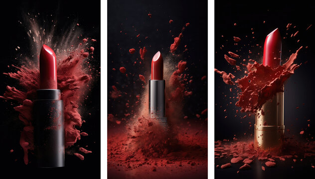 Collage of red lipstick exploding with makeup powder. Set of cosmetics background on black background generative ai