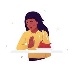Vector illustration of a woman with anorexia (loss of appetite) and nausea. Character refuses food due to an eating disorder or as a side effect of medication. For psychiatric and medical websites