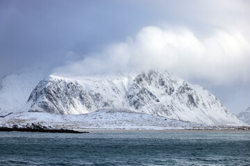 Winter stormy landscape of Skagsanden beach, Flakstad, Lofoten islands, Norway, Europe	
