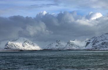 Fototapeta na wymiar Winter stormy landscape of Skagsanden beach, Flakstad, Lofoten islands, Norway, Europe 