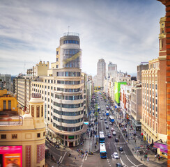 Fototapeta premium Panoramic view of the Callao square with business skyscrapers and big traffic.