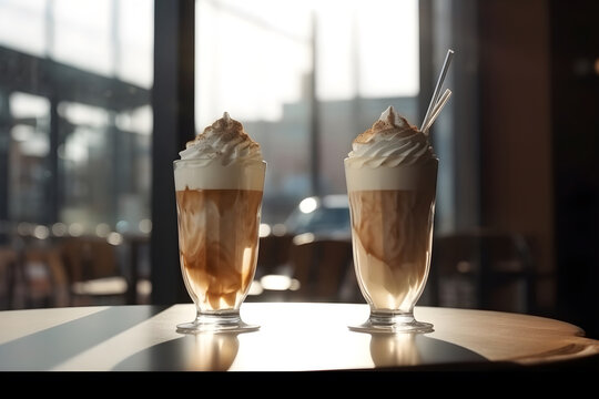 Vienna coffee in tall transparent glass on table