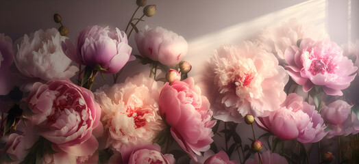 Blooming pink peony flowers wide long banner