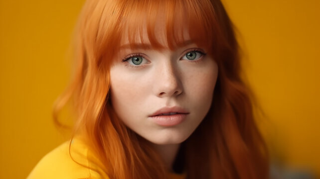  Girl With Yellow Makeup, Long Hair And Fringe. Happy Red Head Woman Posing In Studio On The Colorful Background, Generative Ai Tools 