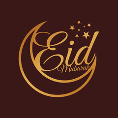 Gold eid mubarak with stars on a dark background.