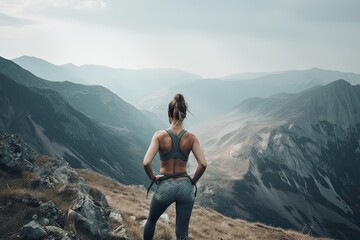 Fototapeta premium view from behind fitness girl standing on top of the mountain. woman in sportswear standing on the mountain. Generative Ai.
