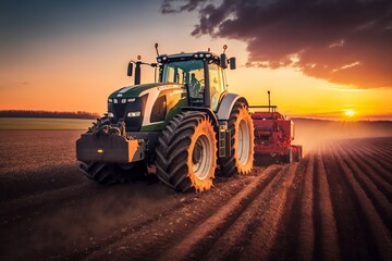 Agricultural Tractor Sowing Seeds at Sunset in Countryside - Illustration, Generative Ai