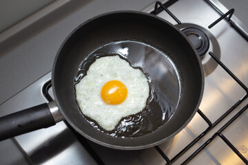 The egg is frying in the frying pan