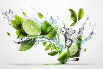 Fototapeta na wymiar Refreshing Summertime Libations Concept: Water Splash on White Background with Lime Slices, Mint Leaves, and Ice Cubes, Generative Ai