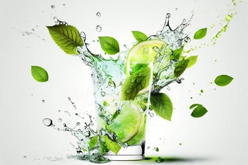 Refreshing Summertime Libations Concept: Water Splash on White Background with Lime Slices, Mint Leaves, and Ice Cubes, Generative Ai