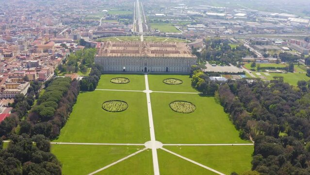 Aerial view of the Royal Palace of Caserta also known as Reggia di Caserta. It is a former royal residence in Caserta, near Naples, Italy. It is the the royal garden of the building.