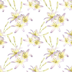 Seamless pattern of white lilies. Watercolor illustration with greenery and flowers. For the design of textiles, wallpaper, paper packaging.