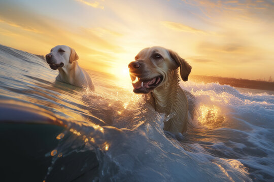 Two Golden labradores retriever having fun, swimming on the sea waves, summertime at ocean shore, funny picture ,  AI Generative..