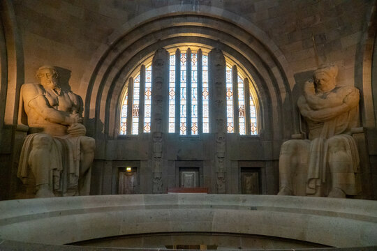 The gigantic monument Battle of the Nations in Leipzig with artificial lake in front and tall statues inside