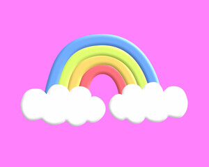 3d illustrations rainbow and clouds floating in pink background 