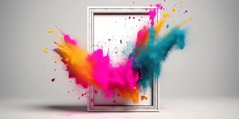 Fototapeta na wymiar Product display frame with colorful powder paint explosion, generative AI technology.