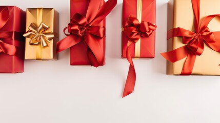Fototapeta premium Christmas composition. Gifts, red decorations on white background. Christmas, winter, new year concept. Flat lay, top view, copy space. Generative Ai.