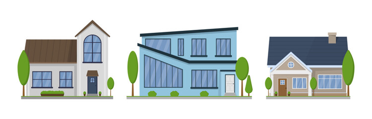 Home facade with doors and windows. Suburban American house exterior flat design front view with roof and some trees. Apartment in a townhouse. Modern buildings in a flat style. Vector illustration.