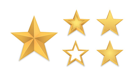 Set of realistic golden 3D star. Glossy Christmas yellow 3D star trophy icon. Leadership symbol. Design elements for holidays. Shiny yellow metal badge or medal template. Vector illustration, eps 10.