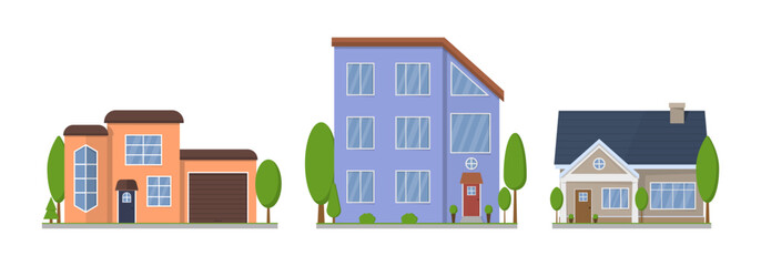 Apartment in a townhouse. Modern buildings in a flat style. Home facade with doors and windows. Suburban American house exterior flat design front view with roof and some trees.  Vector illustration.