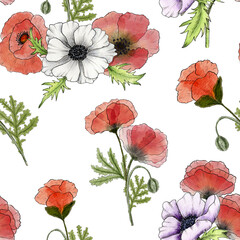 Poppy seamless pattern. Watercolor pattern with red wild poppy and anemone flowers. Hand drawn bright summer illustration. Design for textiles, wallpaper, wrapping paper.