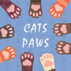 Gordijnen Set of different colors cats paws up. Draw banner cat paws with little heart for Valentine. © Helena