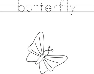Fototapeta premium Trace the letters and color cartoon butterfly. Handwriting practice for kids.