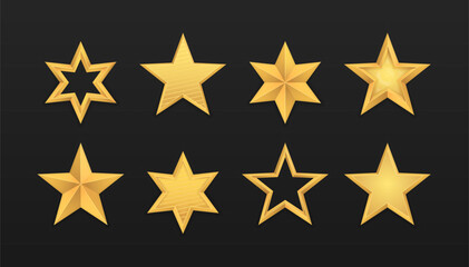 Obraz premium Shiny yellow metal badge or medal template. Set of realistic golden 3D star. Glossy Christmas yellow 3D star trophy icon. Leadership symbol. Design elements for holidays. Vector illustration, eps 10.