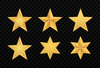 Set of realistic golden 3D star. Glossy Christmas yellow 3D star trophy icon. Leadership symbol. Design elements for holidays. Shiny yellow metal badge or medal template. Vector illustration, eps 10.