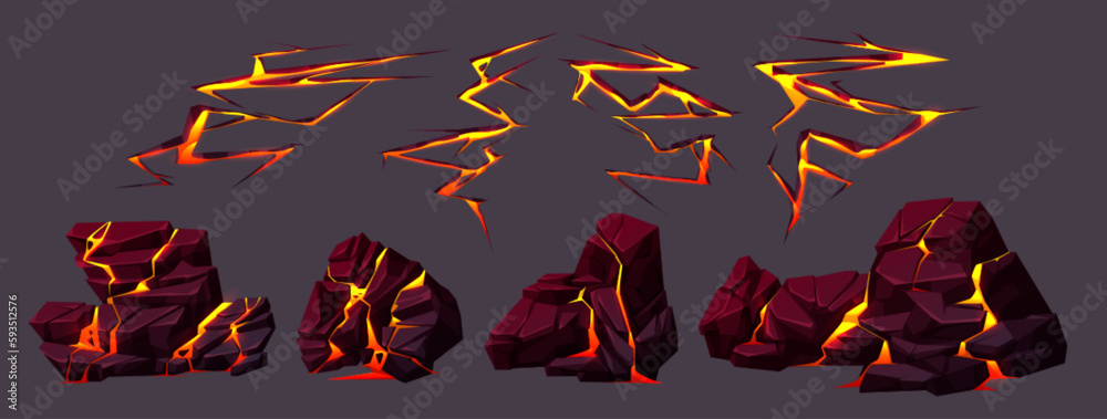 Sticker volcano ground texture with lava in cracks and broken stones. volcanic rocks with light effect in fi
