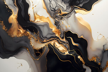 Luxury Marbling Background. Beautiful Liquid Swirls in White and Black colors and Gold Elements