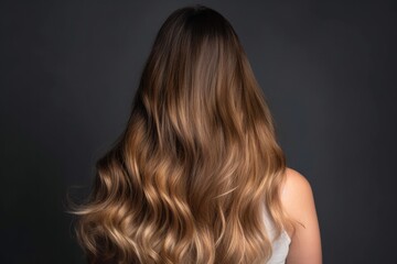 Naklejka premium woman from behind with wonderful long hair that is freshly dyed balayage, ideas for hairstylists - Generative AI