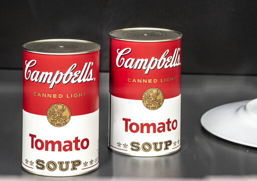 Iconic cans of Campbells Brand Tomato Soup.Milan - Italy, 15 April 2023
