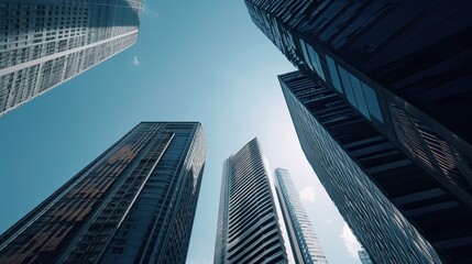 Obraz na płótnie Canvas Bottom view of modern skyscrapers in business district. Generative Ai.