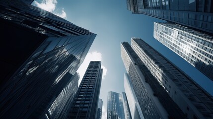 Obraz na płótnie Canvas Bottom view of modern skyscrapers in business district. Generative Ai.