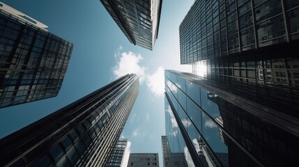Fototapeta na wymiar Bottom view of modern skyscrapers in business district. Generative Ai.