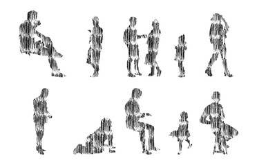 Fototapeta na wymiar Vector illustration, Outline silhouettes of people, Contour drawing, people silhouette, Icon Set Isolated , Silhouette of sitting people, Architectural set 