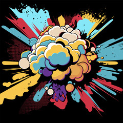 Explosion and multi-colored smoke flying around. Vector illustration in retro comic style, pop art, perfect background for a super offer