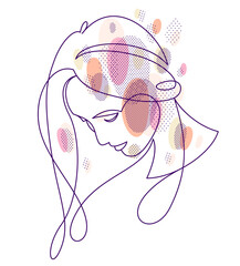 Beautiful face of attractive woman vector linear drawing, sensitive emotional line art adult girl portrait, feminine abstract face line art.