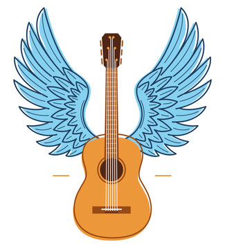 Acoustic guitar with wings vector emblem for festival or concert or player isolated on white, live music theme, logo for musical recording label, instruments shop.