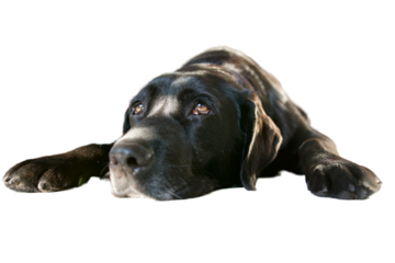 Old sleepy, lazy black labrador retriever dog lying on front.