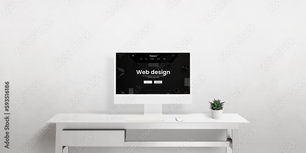 Poster A front view of a computer display on an office desk featuring a minimalist workspace, highlighting web design, UX/UI, and digital rendering