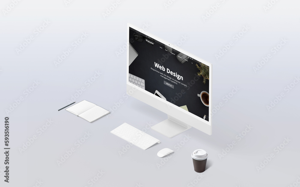 Poster Isometric view of web design studio with modern display, emphasizing technology, UX/UI, and creative digital rendering