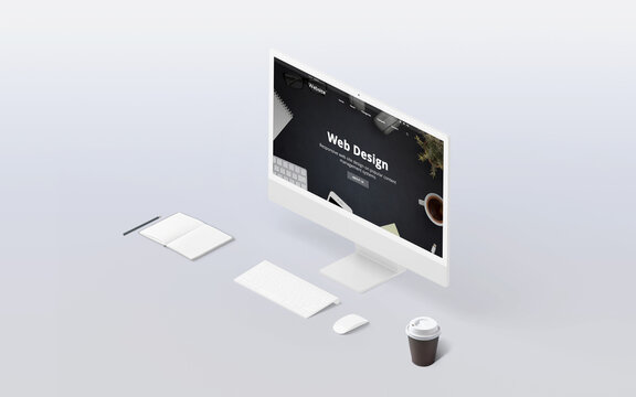 Isometric view of web design studio with modern display, emphasizing technology, UX/UI, and creative digital rendering