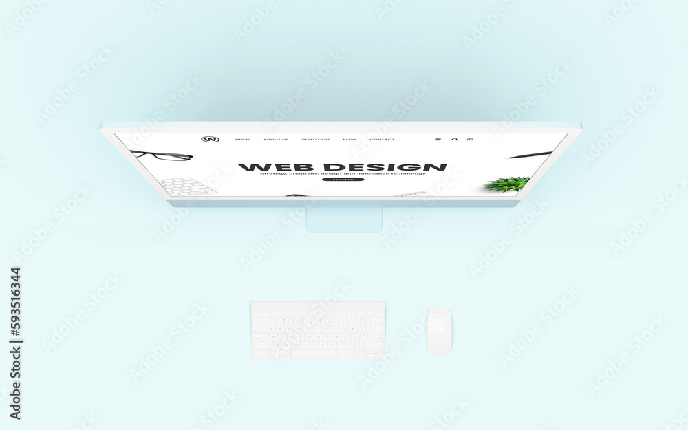 Poster Web design studio concept page on the screen, with a keyboard and mouse beside. The flat lay composition includes a blue desk. Digital rendering, UX/UI, and modern web design
