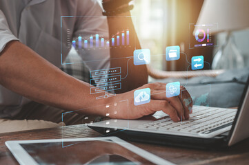 businessman operating project analysis resource management with laptop. business man use technology.